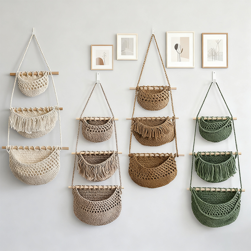Woven Wall Basket - Handgeweven katoenen touw 3-laags opbergrek, aan