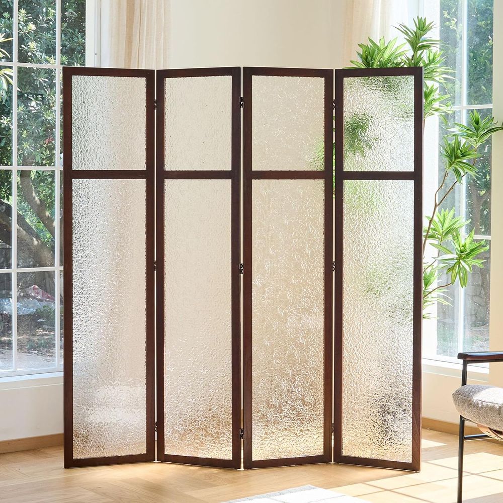 Room Divider Screen - 4-delige acryl vouwwand - Walnoot, doorschijnend
