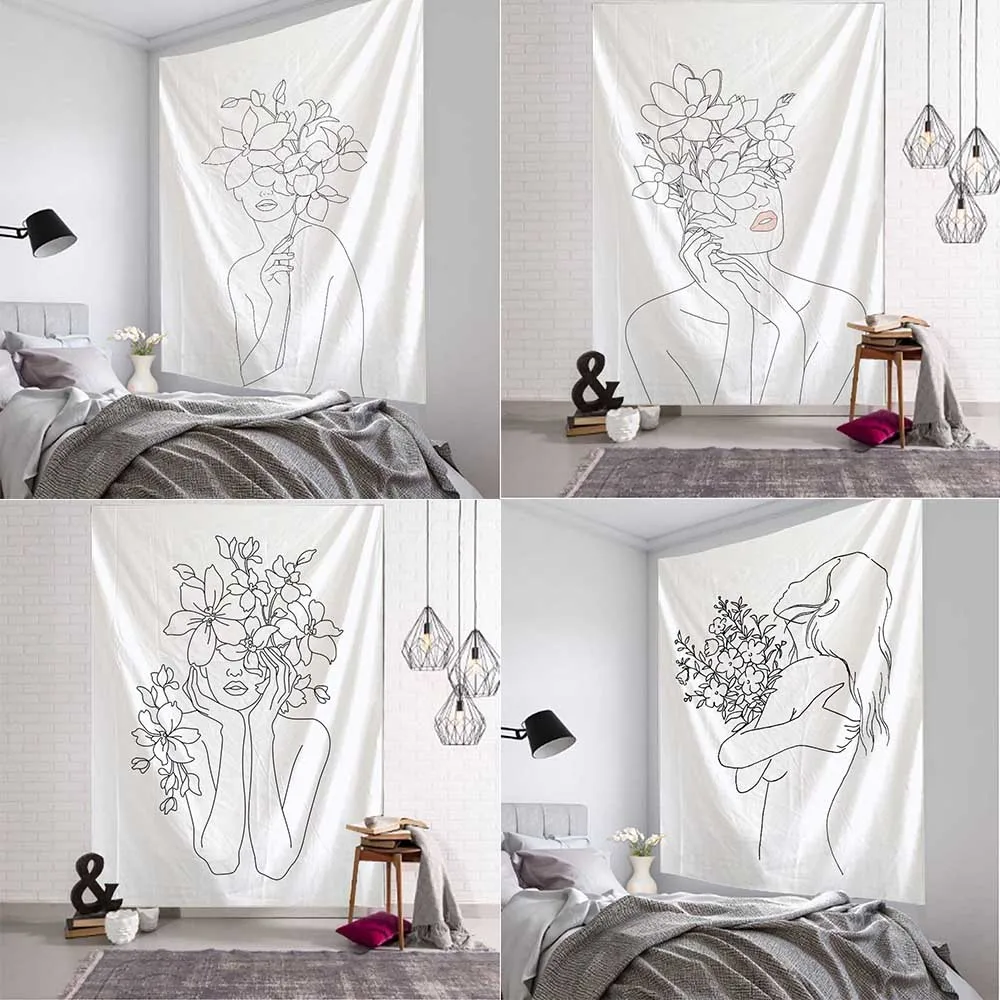 Home Decor Yoga - Eenvoudige Lijn Meisje Wandtapijt Kunst Witte